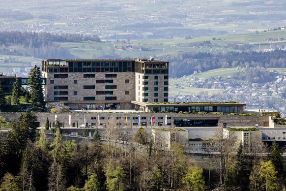The mount Buergenstock with the Buergenstock Resort is seen on Thursday, April 11, 2024 in Obbuergen, central Switzerland. Switzerland&#039;s Buergenstock resort is to host a two-day peace conference  ...