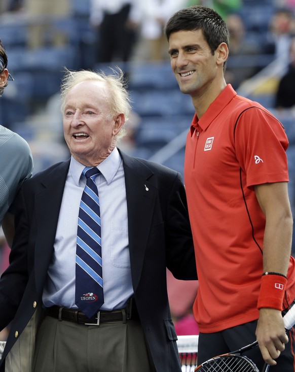 FILE - In this Sept. 9. 2013, file photo, Novak Djokovic, of Serbia, poses for a photo with former Australian professional tennis star Rod Laver before the men&#039;s singles final of the 2013 U.S. Op ...
