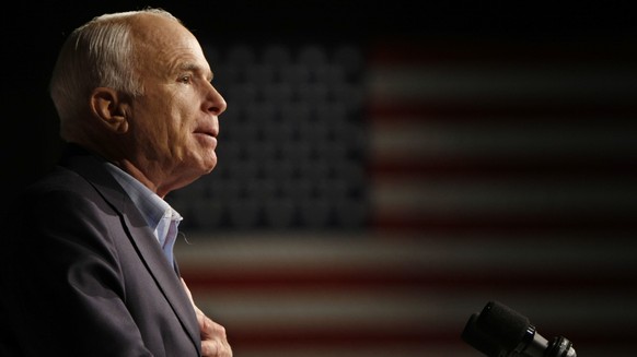 FILE - In this Oct. 11, 2008, file photo, Republican presidential candidate Sen. John McCain, R-Ariz., speaks at a rally in Davenport, Iowa. Arizona Sen. McCain, the war hero who became the GOP&#039;s ...