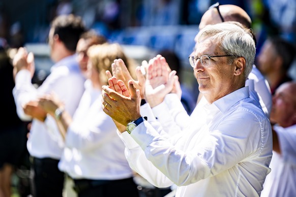 Fabio Corti, president de la Federation suisse de gymnastique, reagit pendant la ceremonie de cloture lors de la 77eme Fete federale de gymnastique le dimanche 22 juin 2025 au stade de la Tuiliere a L ...