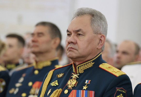 epa10704298 Russian Defence Minister Sergei Shoigu attends a meeting of Russian President Vladimir Putin with graduates of the country&#039;s higher military schools at the Kremlin in Moscow, Russia,  ...