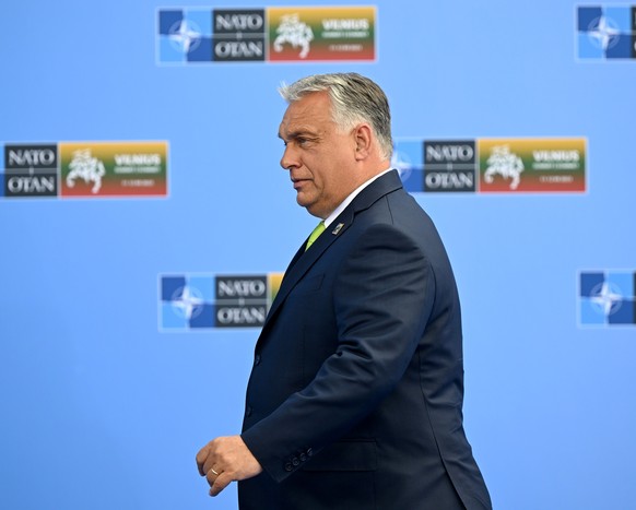 epa10739078 Hungary&#039;s Prime Minister Victor Orban arrives to attend the NATO summit in Vilnius, Lithuania, 11 July 2023. The North Atlantic Treaty Organization (NATO) Summit will take place in Vi ...