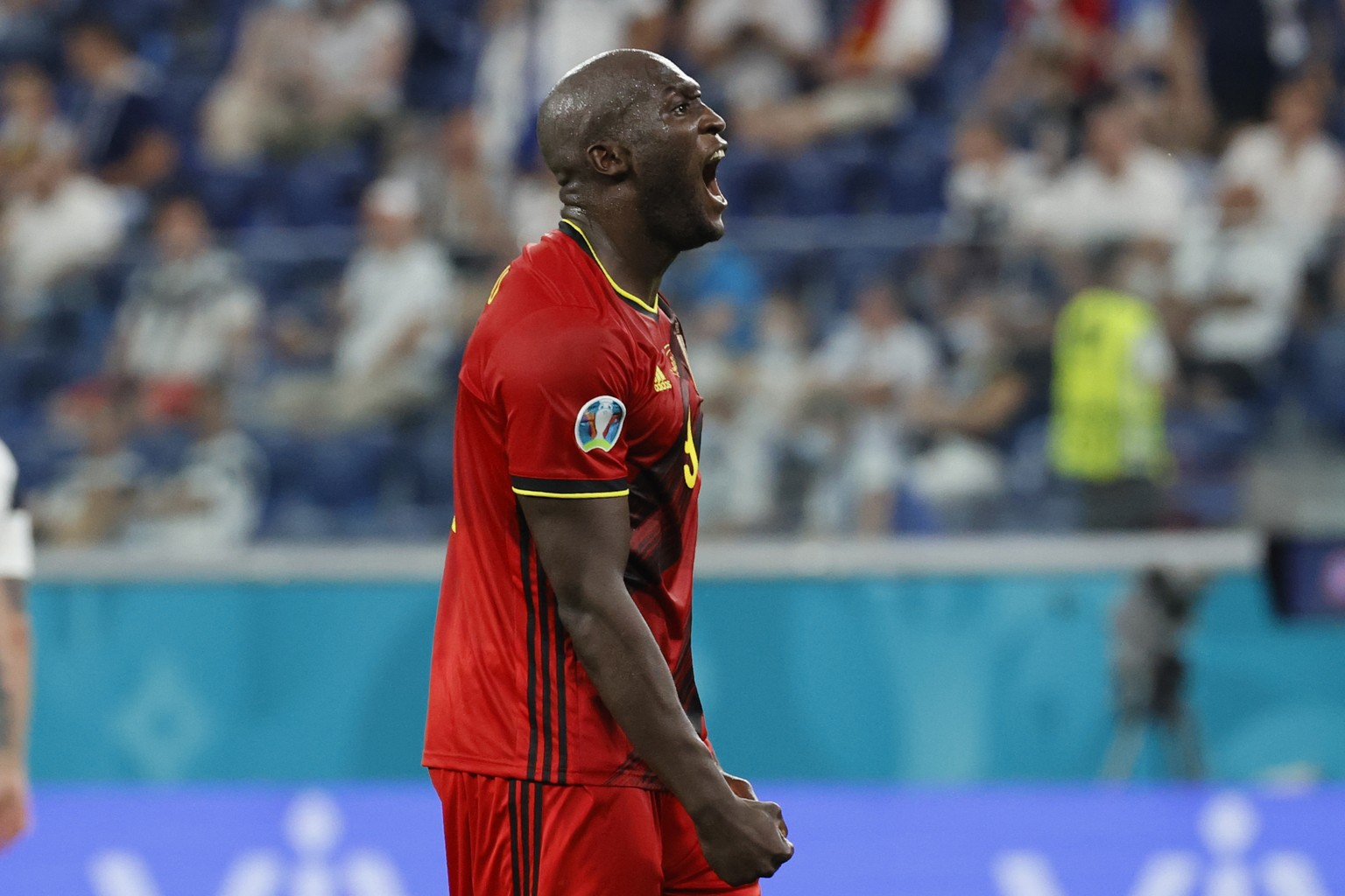 Belgium&#039;s Romelu Lukaku celebrates after scoring his side&#039;s second goal during the Euro 2020 soccer championship group B match between Finland and Belgium at Saint Petersburg Stadium in St.  ...