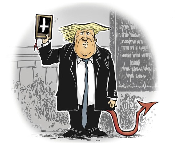 Der Kampf um politische Macht nimmt pseudoreligiöse Züge an\nOb er die Bibel auch verkehrt herum gehalten hätte, wenn er sich bewusst gewesen wäre was es wirklich bedeutet?