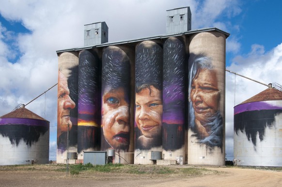 Silo art depicting Aboriginal elders by Adnate at Sheep Hills, Wimmera region, Victoria, Australia. These public art works were executed by agreement with the silo operators and local interests, and t ...