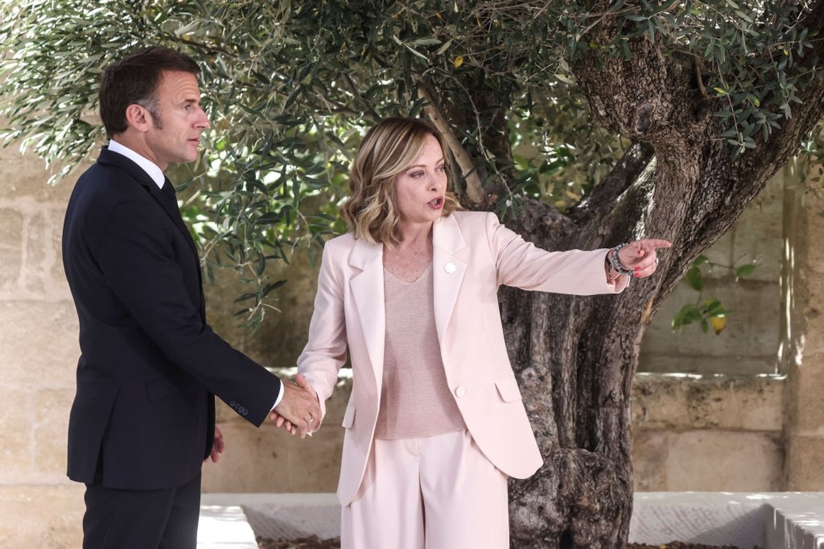 FASANO, ITALY - JUNE 13: Italy's Prime Minister Giorgi Meloni greets President of France Emmanuel Macron during the first day of the G7 meeting at Borgo Egnazia resort, on June 13, 2024 in Fasano ...