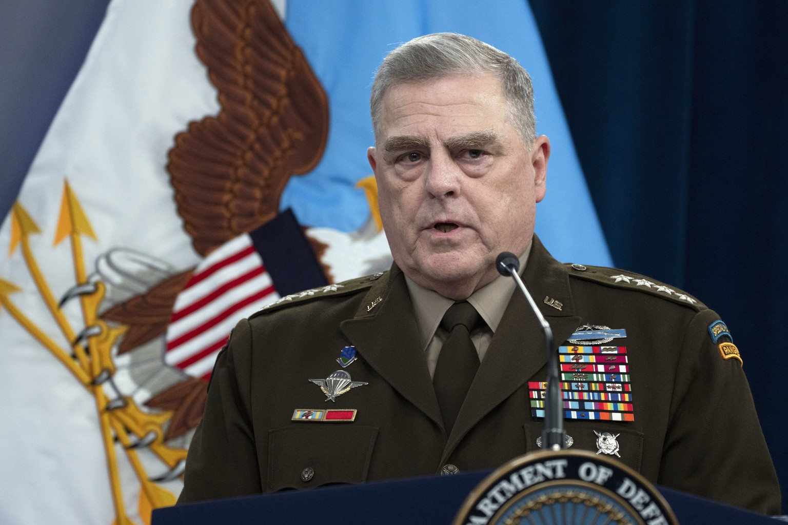 Chairman of the Joint Chiefs of Staff Gen. Mark Milley speaks during a news conference with Secretary of Defense Lloyd Austin at the Pentagon in Washington, Tuesday, July 18, 2023. (AP Photo/Manuel Ba ...