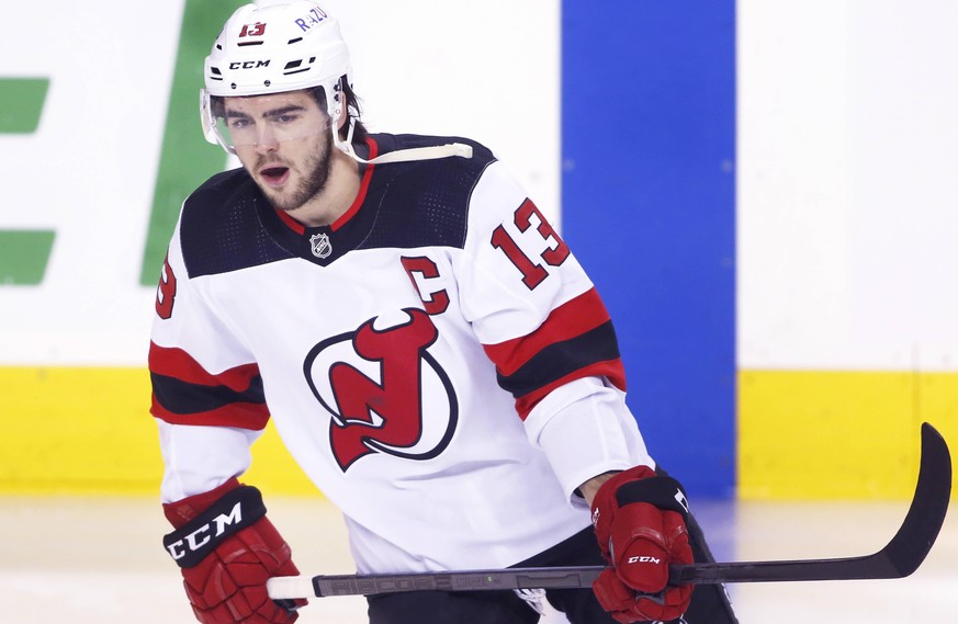 NHL, Eishockey Herren, USA profile photo on New Jersey Devils player Nico Hischier, from Switzerland, at a game against the Calgary Flames in Calgary, Alta. on March 16, 2022. digital photo by Larry M ...