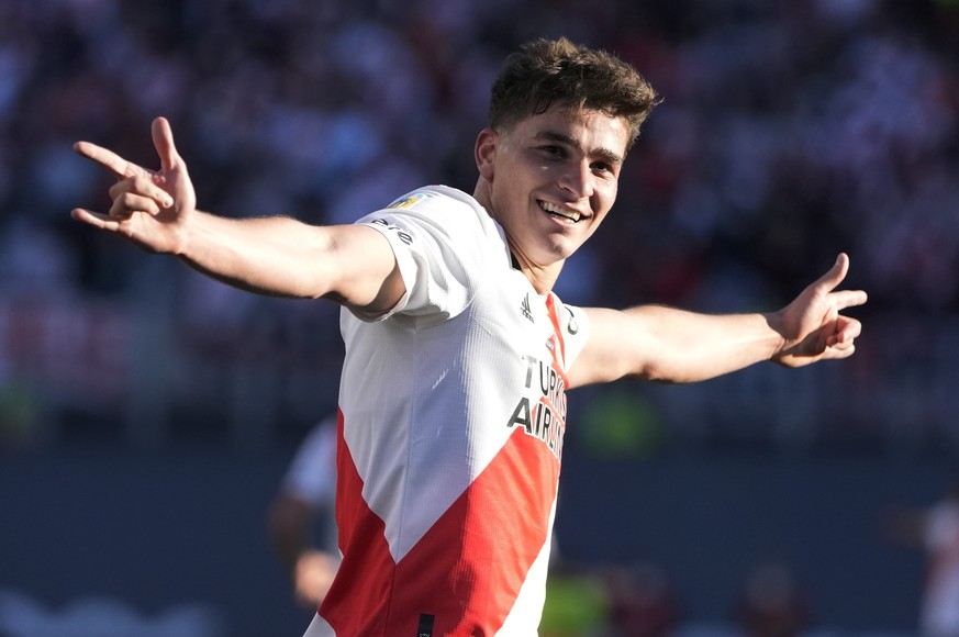 River Plate&#039;s Julian Alvarez celebrates after scoring his second goal against Boca Juniors during a local tournament soccer match at Antonio Liberti Vespucio stadium in Buenos Aires, Argentina, S ...