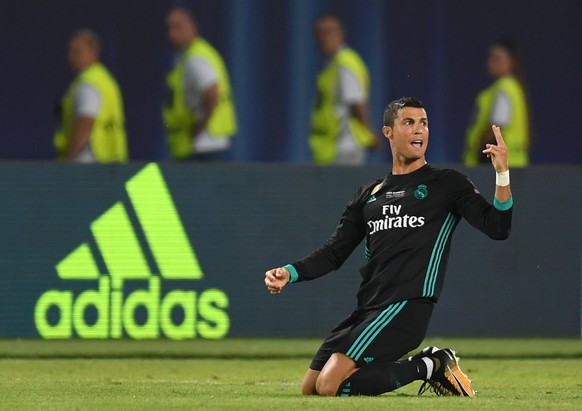 epa06132720 Cristiano Ronaldo of Real Madrid reacts during the UEFA Super Cup match Real Madrid vs Manchester United at the Philip II Arena in Skopje, the Former Yugoslav Republic of Macedonia on 08 A ...