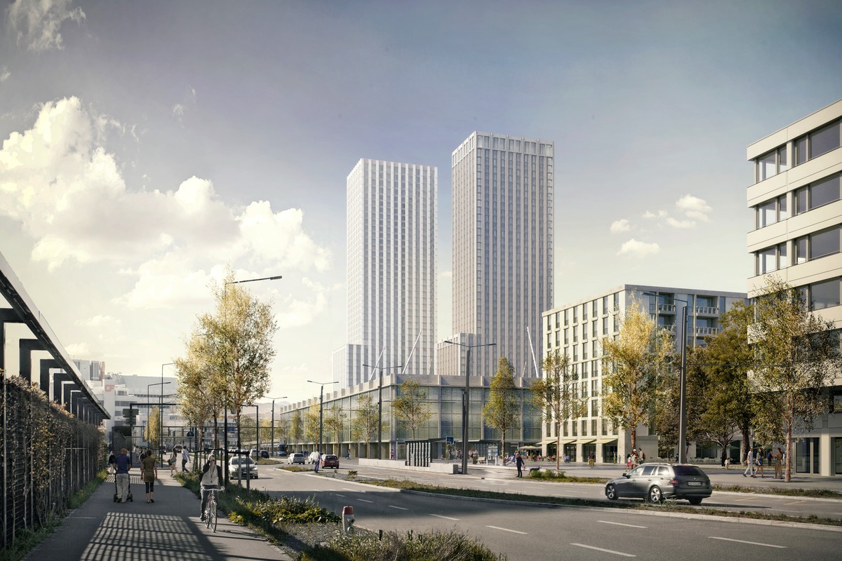 HANDOUT - VISUALISIERUNG --- Gesamtansicht des Projekts "Ensemble" mit gemeinnuetzigem Wohnungsbau, Stadion und den Wohn- und Geschaeftstuermen des Siegerprojekts des Investorenwettbewerbes  ...