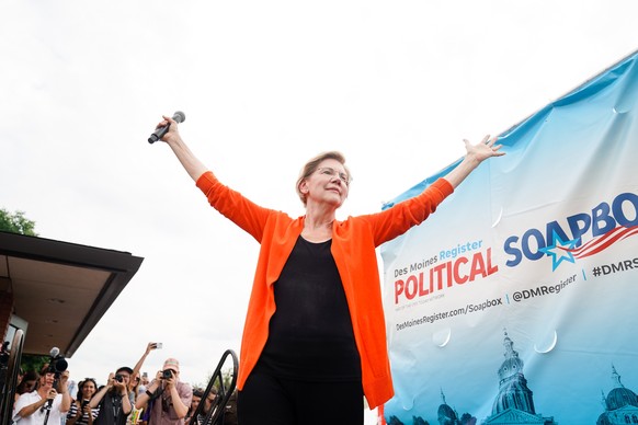 epa07767225 US Senator and Democratic presidential candidate Elizabeth Warren speaks while on the Des Moines Register Political Soapbox at the Iowa State Fair in Des Moines, Iowa, USA, 10 August 2019. ...
