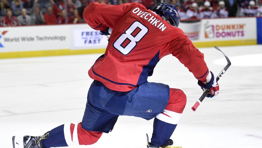 Washington Capitals left wing Alex Ovechkin (8), of Russia, celebrates his goal during the first period of a NHL hockey game against the Montreal Canadiens, Saturday, Oct. 7, 2017, in Washington. This ...