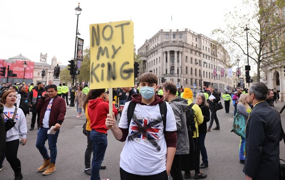 epa10611436 Members of anti-monarchy group Republic protest on the day of the Coronation of Britain&#039;s King Charles III in London, Britain, 06 May 2023. The group wants to see the hereditary monar ...