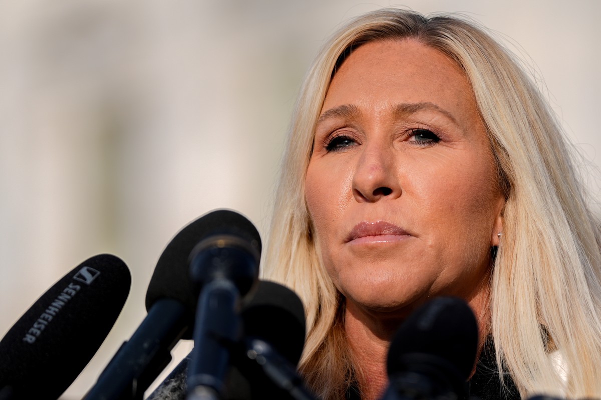 FILE - Rep. Marjorie Taylor Greene, R-Ga., speaks during a news conference on the Epstein Files Transparency Act, Nov. 18, 2025, outside the U.S. Capitol in Washington. (AP Photo/Julia Demaree Nikhins ...