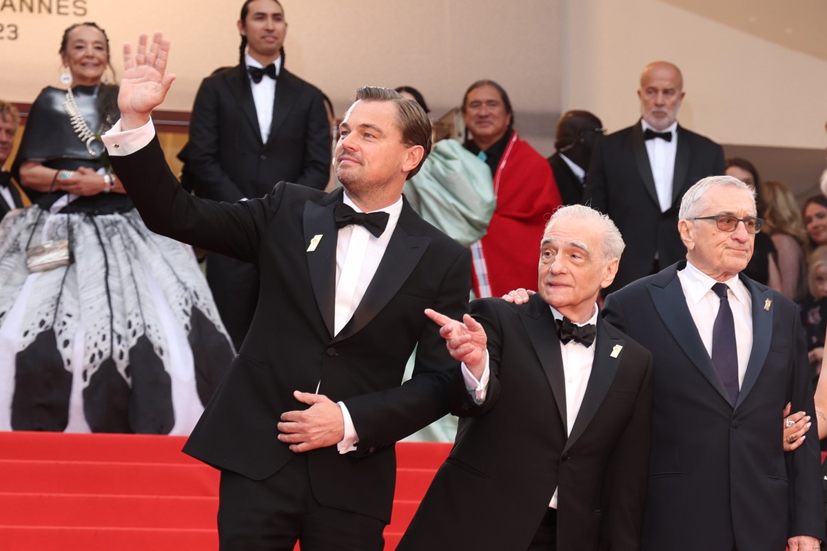 epa10641344 (L-R) Leonardo DiCaprio, US film director Martin Scorsese, Robert De Niro arrive for the screening of 'Killers of the Flower Moon' during the 76th annual Cannes Film Festival, in ...
