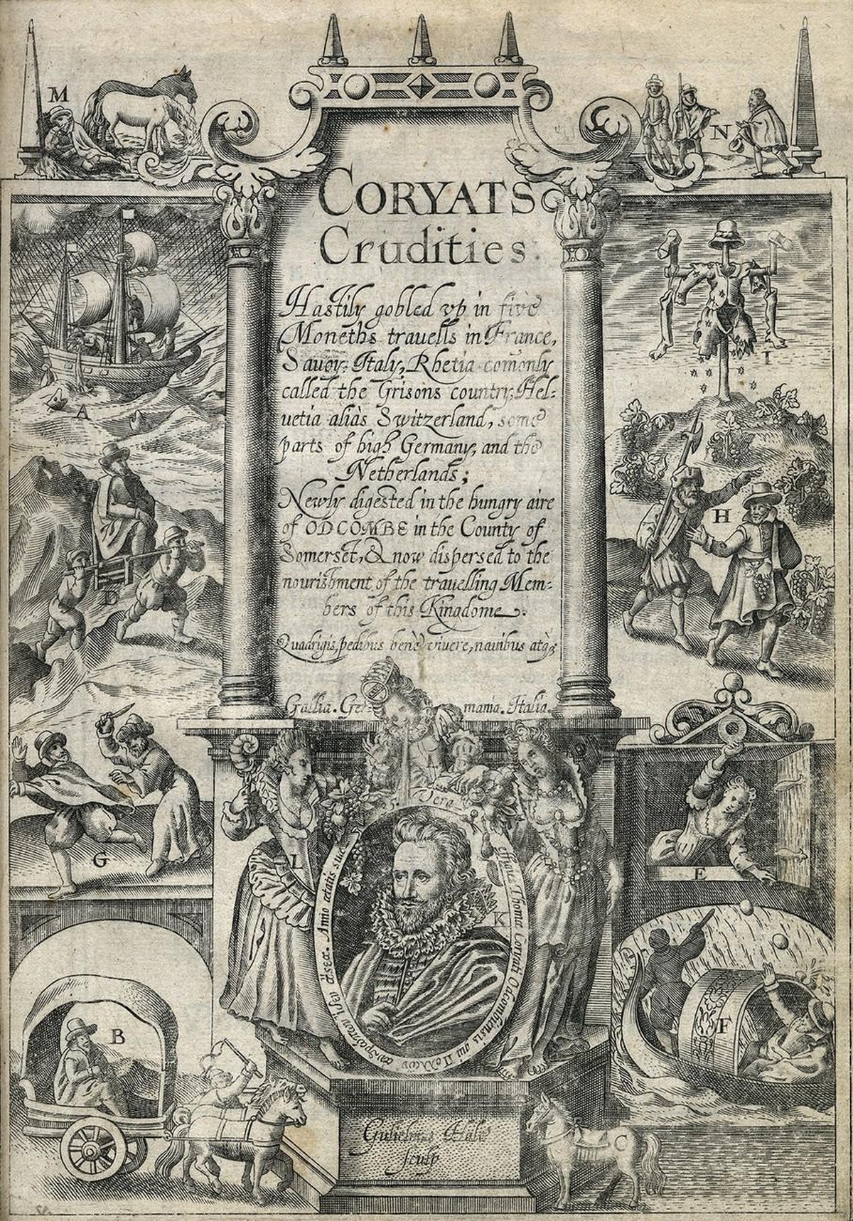 Frontispiz des Reiseberichts von Thomas Coryate, Ausgabe von 1611.
http://luna.folger.edu/luna/servlet/s/omejq1