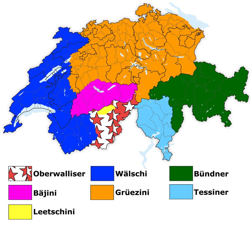 Ob die Lötschentaler («Leetschini») einen eigenen Kanton haben, einen Halbkanton oder gar keinen, geht aus der Karte nicht hervor. Der Begriff «Bäjini» steht laut&nbsp;@OWalliser&nbsp;eigentlich für a ...