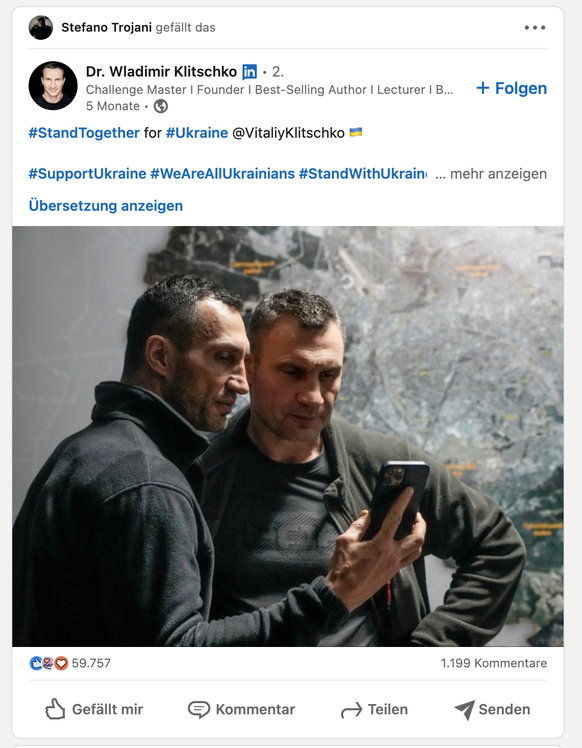 Eines von zehntausenden Likes für ein Posting der Klitschko-Brüder, in dem sie zur Unterstützung ihres Heimatlandes aufriefen, stammte von Trojani. 