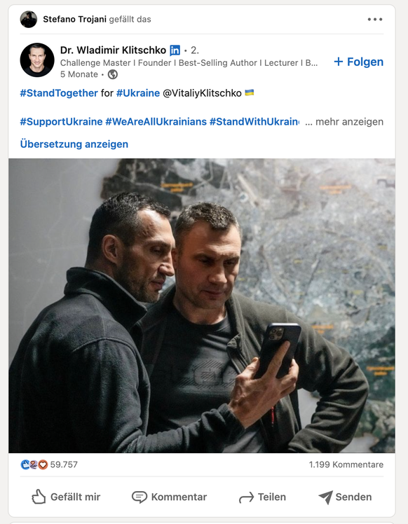 Eines von zehntausenden Likes für ein Posting der Klitschko-Brüder, in dem sie zur Unterstützung ihres Heimatlandes aufriefen, stammte von Trojani.