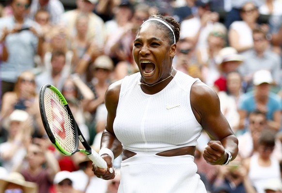 epa07705616 Serena Williams of the USA celebrates winning against Alison Riske of the USA during their quarter final match for the Wimbledon Championships at the All England Lawn Tennis Club, in Londo ...