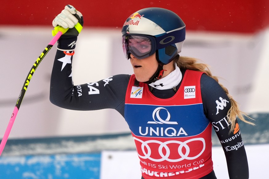 United States' Lindsey Vonn reacts at the finish line during an alpine ski, women's World Cup downhill, in Zauchensee, Austria, Saturday, Jan. 10, 2026. (AP Photo/Giovanni Auletta)
Austria W ...