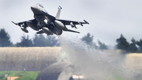 FILE - In this April 27, 2010 file photo an F-16 airplane lifts off at the US military Airport in Spangdahlem, Germany. The U.S. military says an F-16 fighter jet has crashed in western Germany but th ...