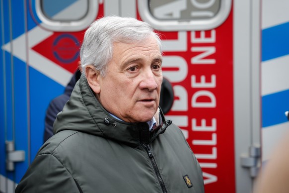 epa12621757 Italy's Minister for Foreign Affairs Antonio Tajani talks to the media during a visit to the area where a fire of unidentified origin broke out at the 'Le Constellation' bar ...