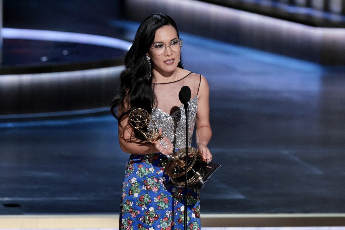 epa11081183 US comedian Ali Wong speaks after winning actress in a limited series or TV movie for 'Beef' during the 75th annual Primetime Emmy Awards ceremony held at the Peacock Theater in  ...