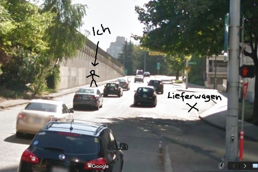 Als das Ganze passierte, hatte ich nicht den Nerv, ein Foto zu schiessen. Dank Google Maps kann ich euch den 'Tatort' aber trotzdem zeigen. Es hatte genauso viel Verkehr wie hier.