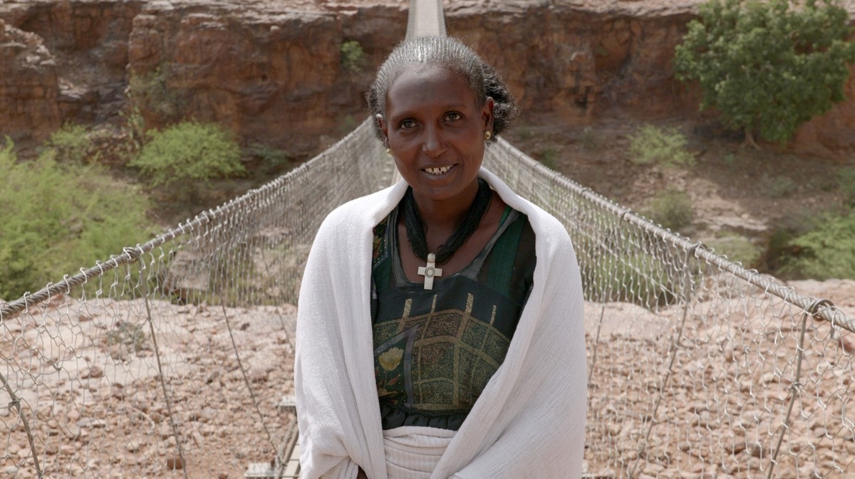Genet Kessie on the newly built Bridge by helvetas in Ziquala Ethiopia.