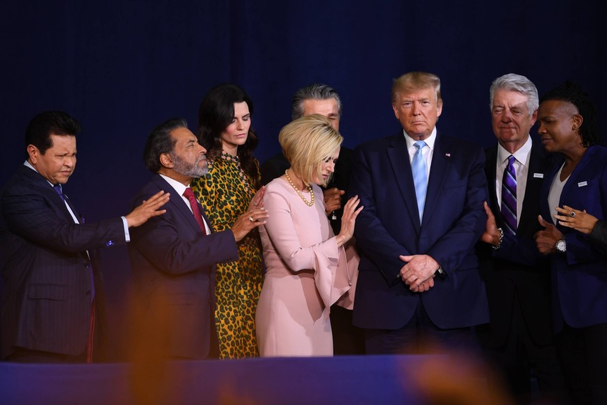 MIAMI FL - JANUARY 03: Pastor Paula White-Cain and US President Donald J. Trump remark at the Evangelicals for Trump coalition launch Miami at The King Jesus International Ministry on January 3, 2020  ...