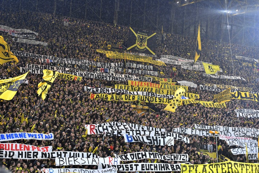 Dortmund&#039;s supporters on the southern tribune protest against the Red Bull owned RB Leipzig club prior the German Bundesliga soccer match between Borussia Dortmund and RB Leipzig in Dortmund, Sat ...