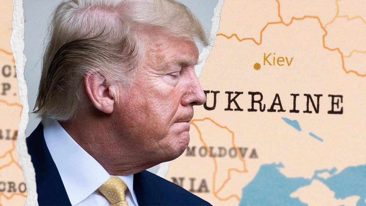 Montage de Donald Trump devant une carte de l'Ukraine dechirée.