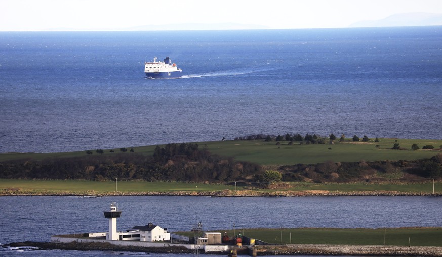 FILE - In this Jan. 1, 2021 file photo, a P&amp;O ferry from Scotland crosses the Irish Sea making way towards the port at Larne on the north coast of Northern Ireland. Tense post-Brexit relations bet ...