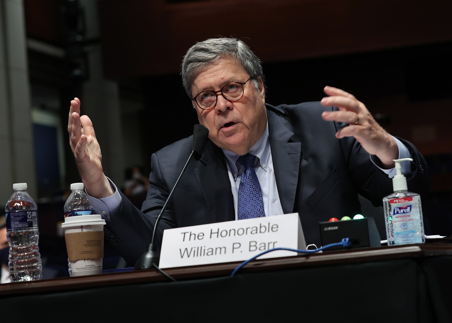 epa08570980 US Attorney General William Barr testifies before the House Judiciary Committee in the Congressional Auditorium at the US Capitol Visitors Center, in Washington, DC, USA, 28 July 2020. EPA ...