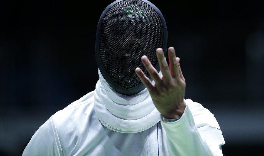 Switzerland&#039;s Fabian Kauter reacts during his match against France&#039;s Yannick Borel in the men&#039;s epee individual round of 16 in the Carioca Arena 3 in Rio de Janeiro, Brazil, at the Rio  ...