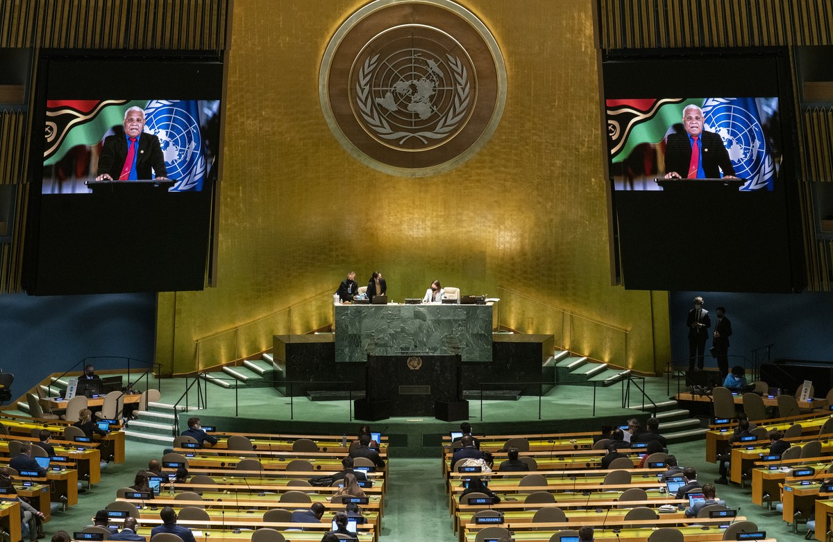 Vanuatu's Prime Minister Bob Loughman remotely addresses the 76th Session of the U.N. General Assembly at United Nations headquarters in New York, on Saturday, Sept. 25, 2021. (Eduardo Munoz /Poo ...