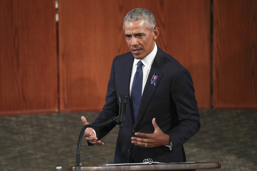 Former President Barack Obama, addresses the service during the funeral for the late Rep. John Lewis, D-Ga., at Ebenezer Baptist Church in Atlanta, Thursday, July 30, 2020. (Alyssa Pointer/Atlanta Jou ...