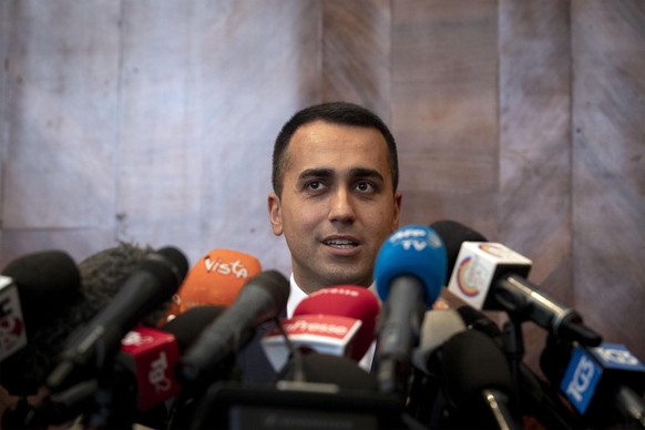 epa07605995 Italian Deputy Premier, Labour and Industry Minister and political leader of the Five Star Movement party Luigi Di Maio attends a press conference in Rome, Italy, 27 May 2019. The European ...