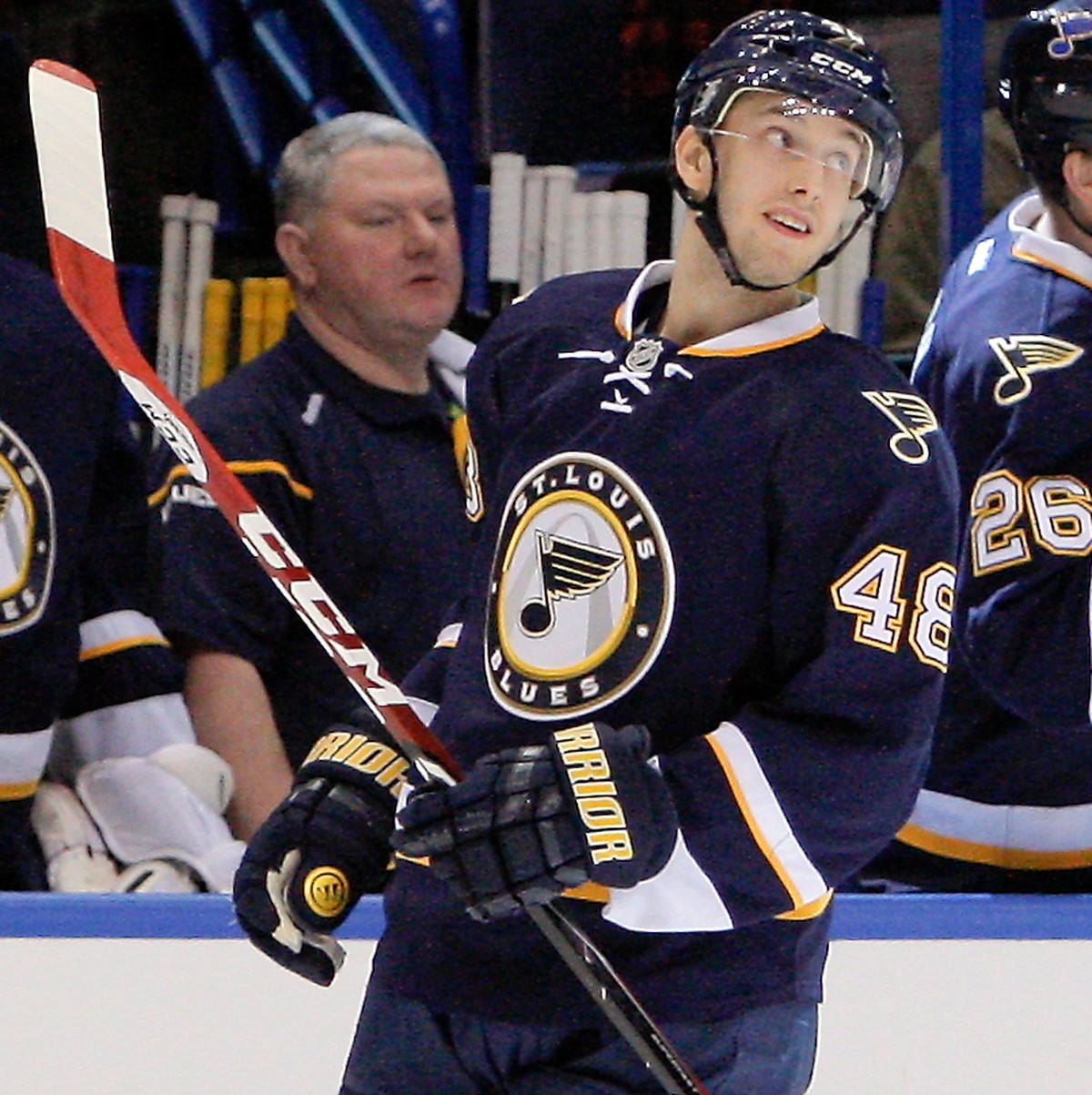 St. Louis Blues' Petteri Lindbohm, of Finland, watches a video replay of the goal he scored during the second period of an NHL hockey against the Boston Bruins game Friday, Feb. 20, 2015, in St.  ...