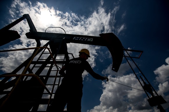 epa07663679 A worker checks a thin cable on oil pumping gear (nodding donkey or pump jack) during common maintenance at an oil plant operated by MND company in Uhrice, Czech Republic, 21 June 2019. Me ...