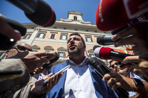 epa07784145 Italian Deputy Premier, Interior Minister and League leader Matteo Salvini addresses the media outside the Lower House in Rome, Italy, 21 August 2019. Salvini said that &#039;any governmen ...