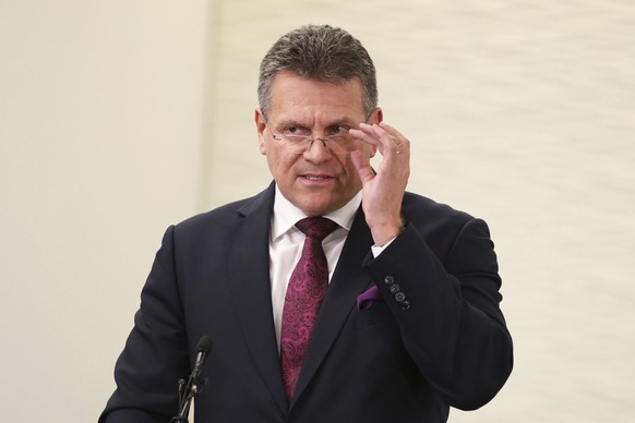 EU Commission Vice President Maros Sefcovic speaks at Europe House in London, Friday Nov. 12, 2021, after EU/UK talks at Lancaster House. David Frost for Britain and Maros Sefcovic for the EU met in L ...