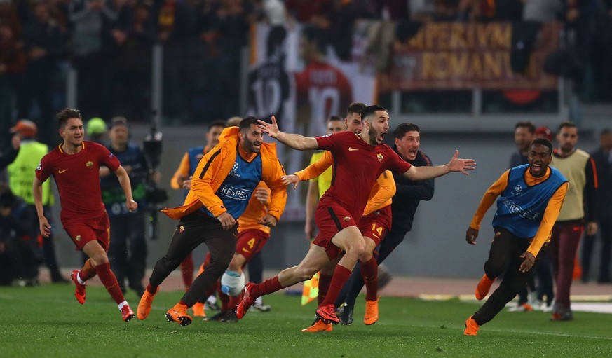 Mandatory Credit: Photo by Kieran Mcmanus/BPI/Shutterstock 9623103z Kostas Manolas of Roma celebrates scoring a goal to make the score 3-0 Roma v Barcelona, UEFA Champions League Quarter Final Second  ...
