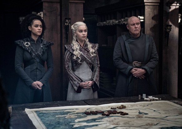 This image released by HBO shows Nathalie Emmanuel, Emilia Clarke, Conleth Hill in a scene from &quot;Game of Thrones,&quot; that aired Sunday, May 5, 2019. &quot;Game of Thrones&quot; fans got a tast ...
