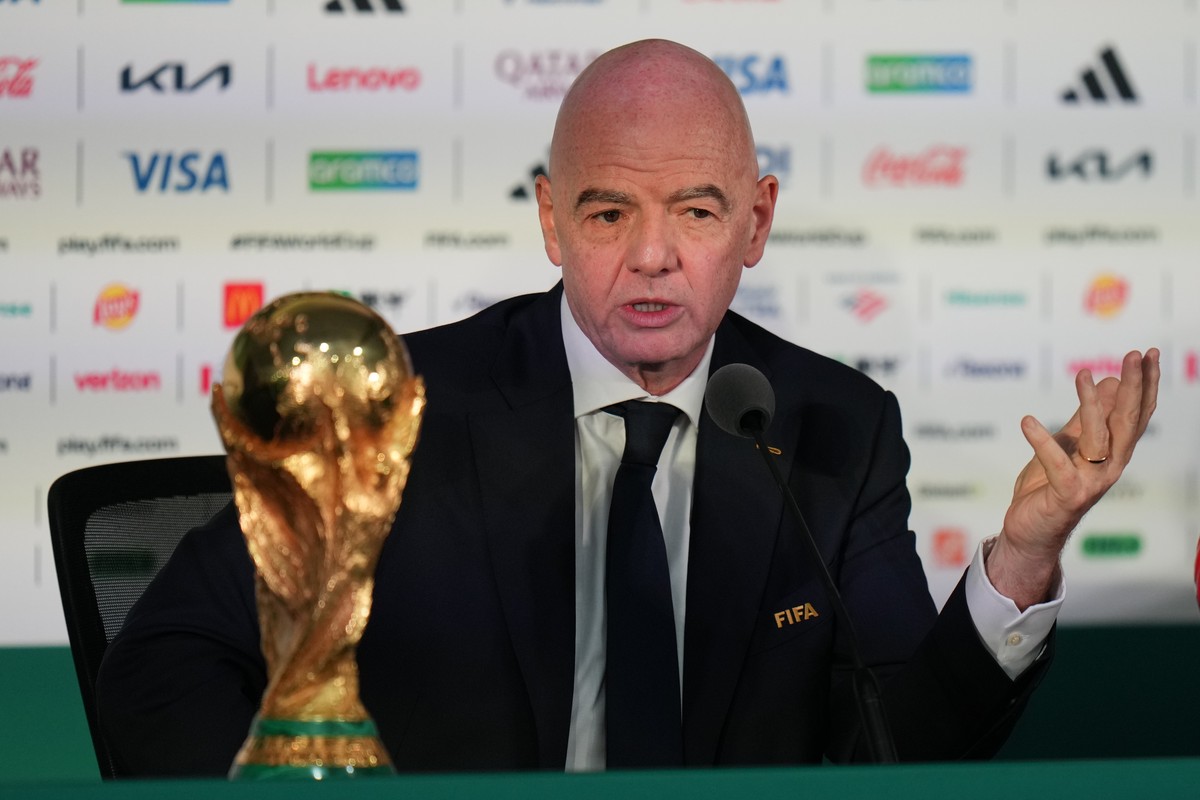 FILE - FIFA President Gianni Infantino speaks during a news conference at the stadium in Mexico City, Wednesday, June 10, 2026, a day before the opening FIFA World Cup match between Mexico and South A ...