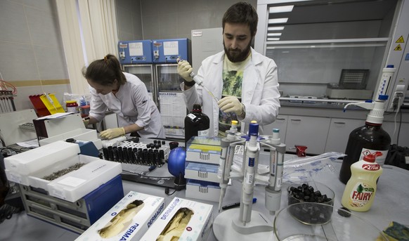 FILE - This is a Tuesday, May 24, 2016 file photo of employees Natalya Bochkaryova, left, and Ilya Podolsky work at the Russian Anti Doping Agency RUSADA drug-testing laboratory in Moscow, Russia. Rus ...