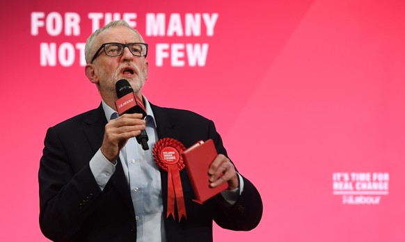 epa08063334 Labour Party Leader Jeremy Corbyn delivers a speech on the final day of general election campaigning in Bedford, Bedfordshire Britain, 11 December 2019. Britons go the polls 12 December in ...