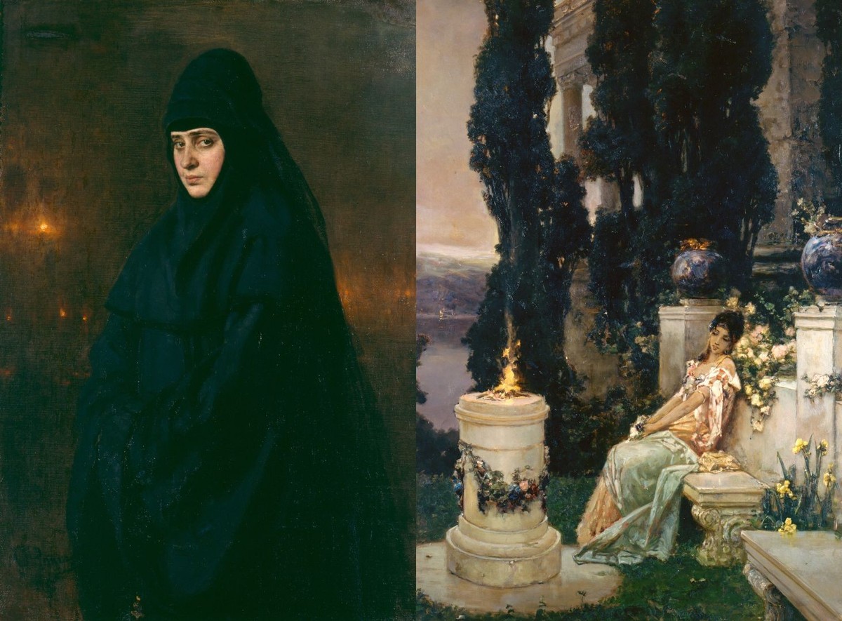 lliia Repin (1844-1930), Une nonne, 1887 (gauche) et Wilhelm Kotarbinsky (1849-1921), A l’autel (droite).